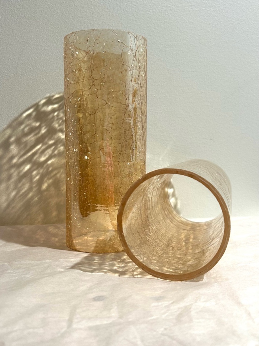 Vintage Crackle Glass Handblown Hurricane Candle Holders Shades Open Ended Set 2